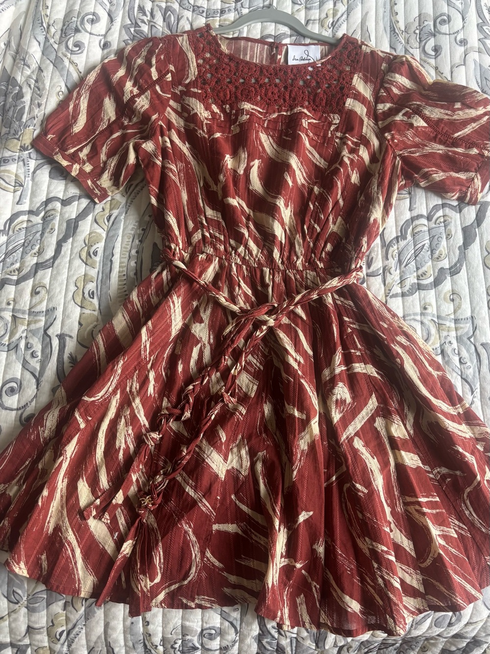 Sam Edelman Rust and Cream Braided-Waist Mini Dress